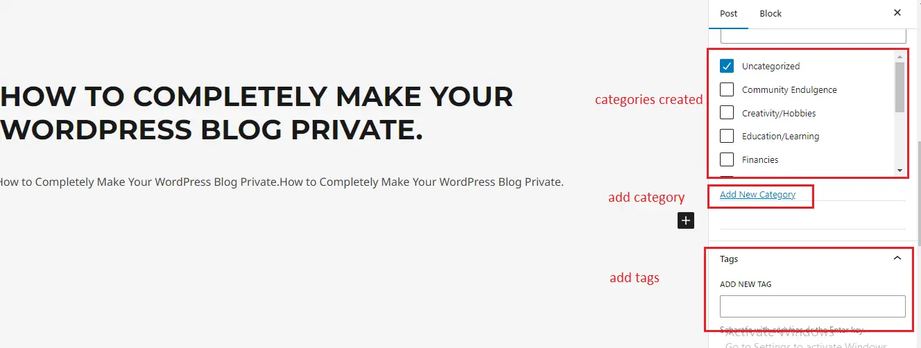 adding categories and tag in wordpress
